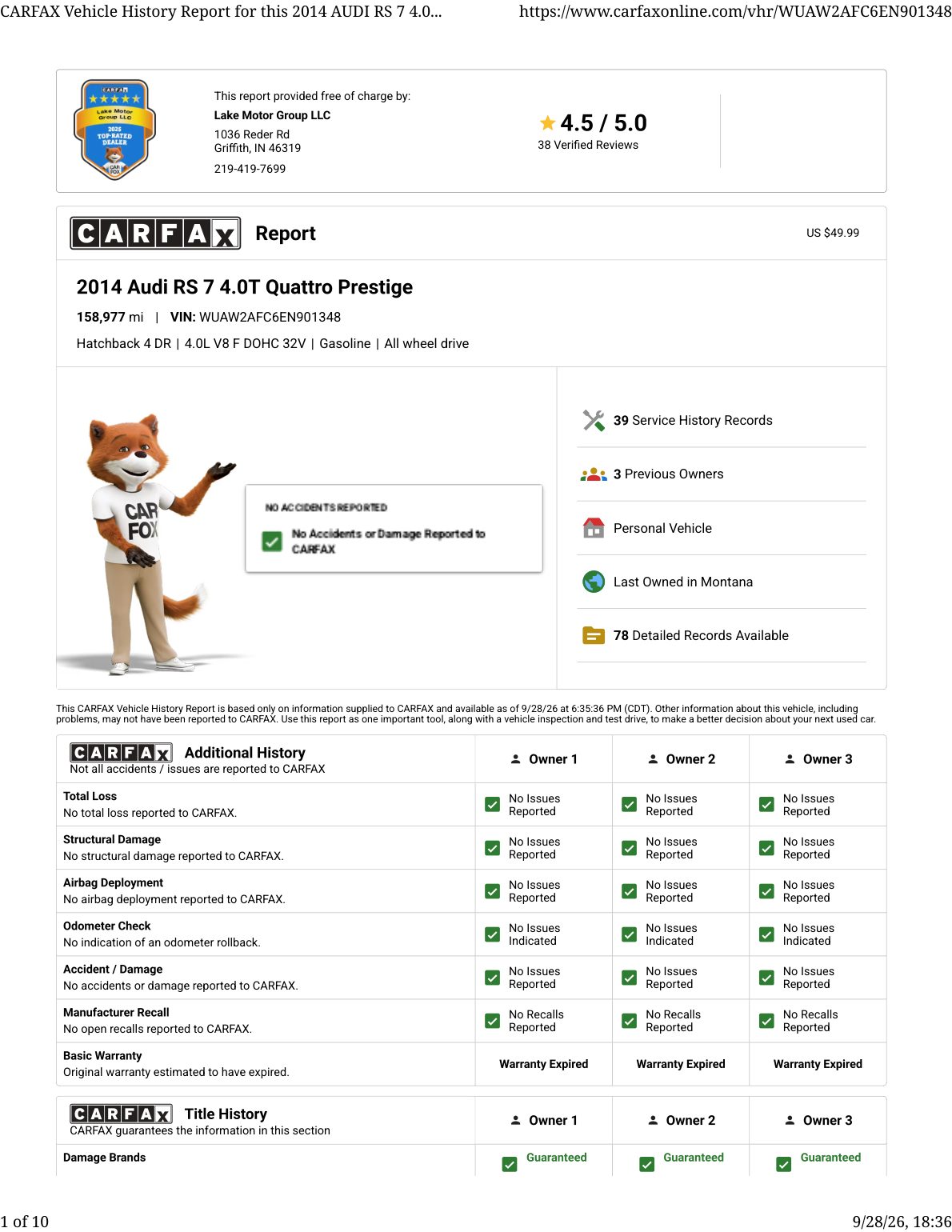 CARFAX vehicle history report — first page
