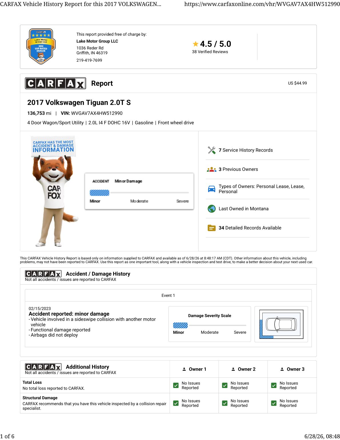 CARFAX vehicle history report — first page