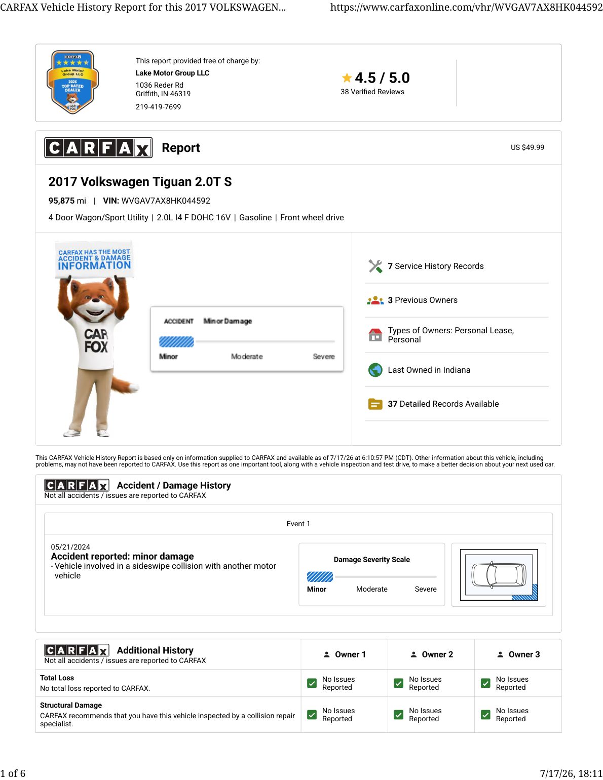 CARFAX vehicle history report — first page