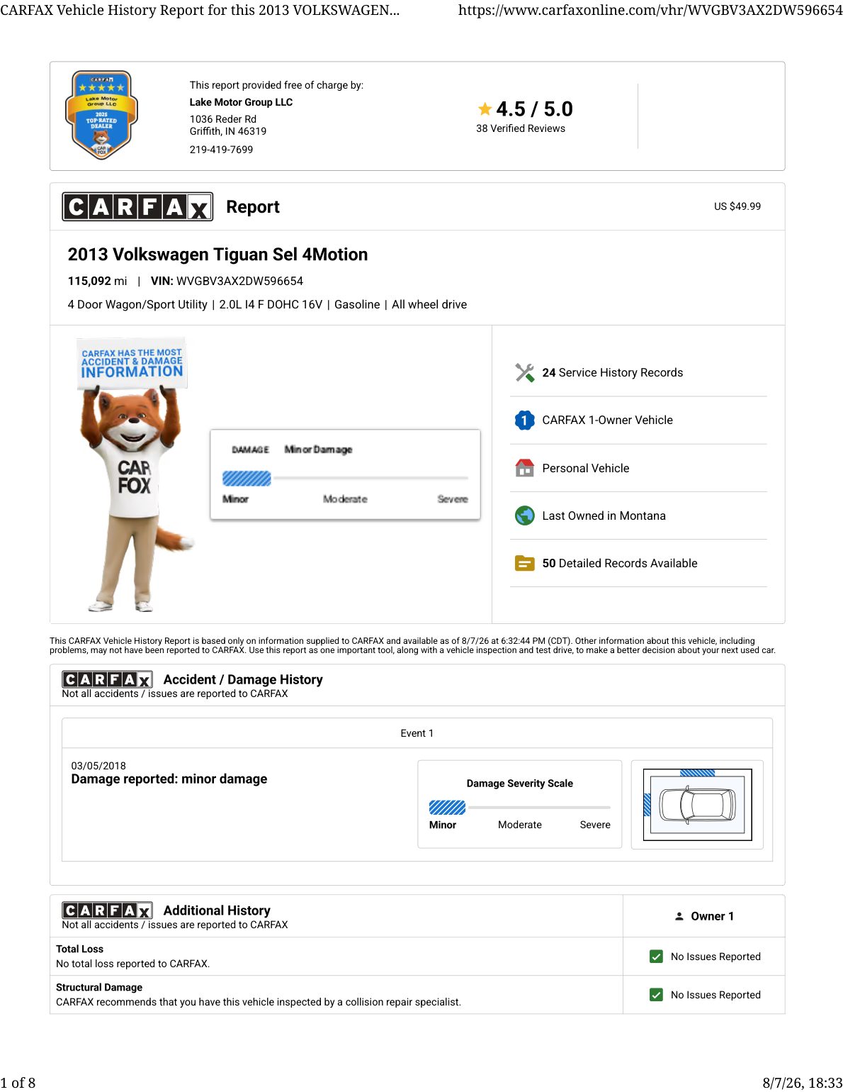 CARFAX vehicle history report — first page
