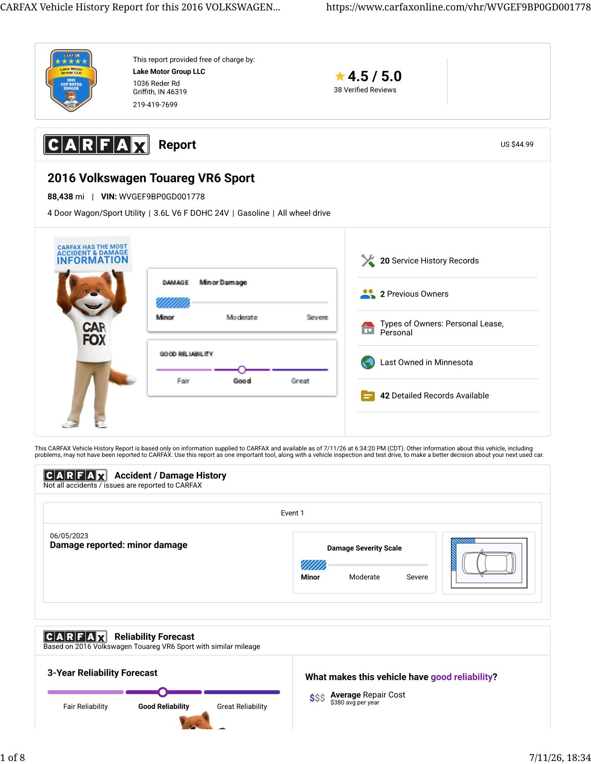 CARFAX vehicle history report — first page