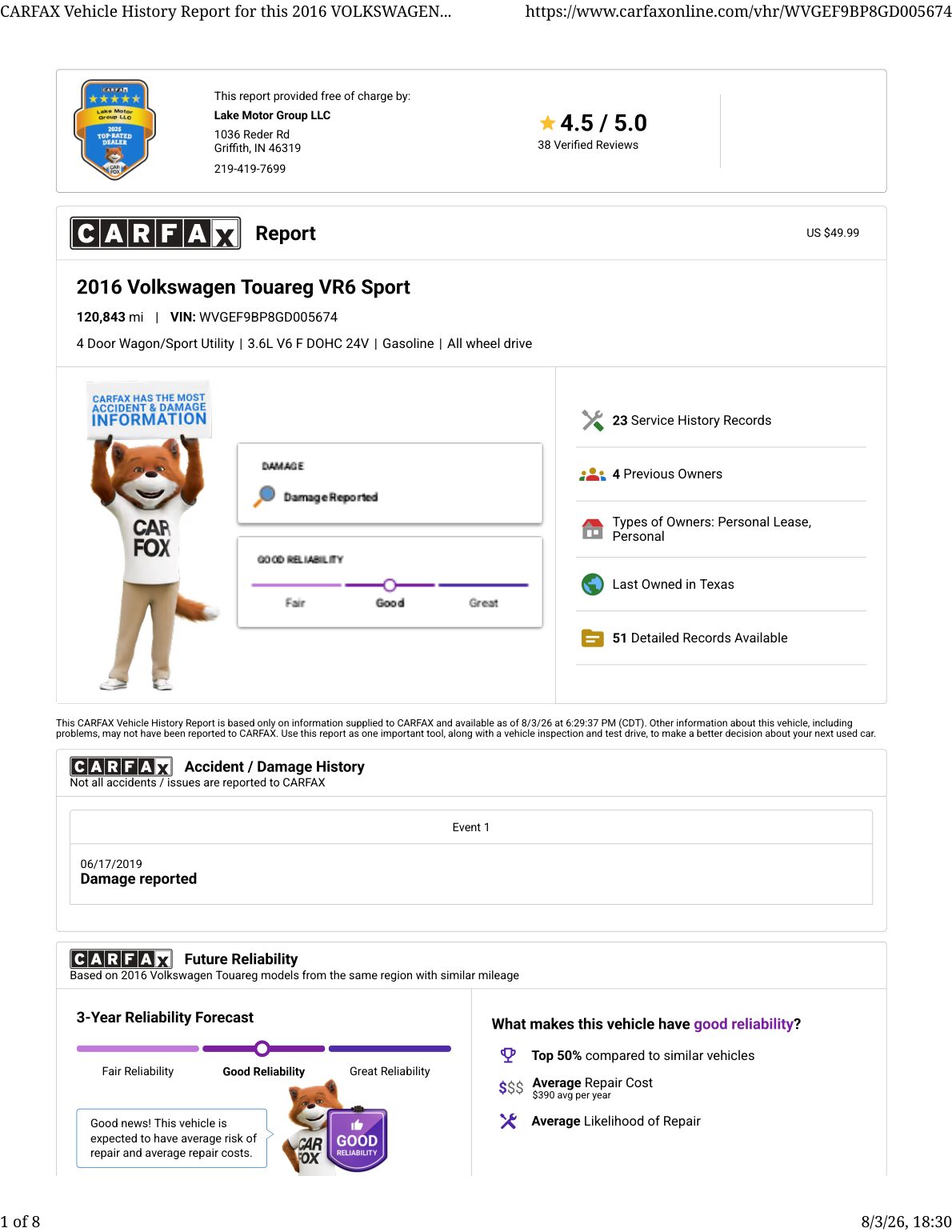 CARFAX vehicle history report — first page