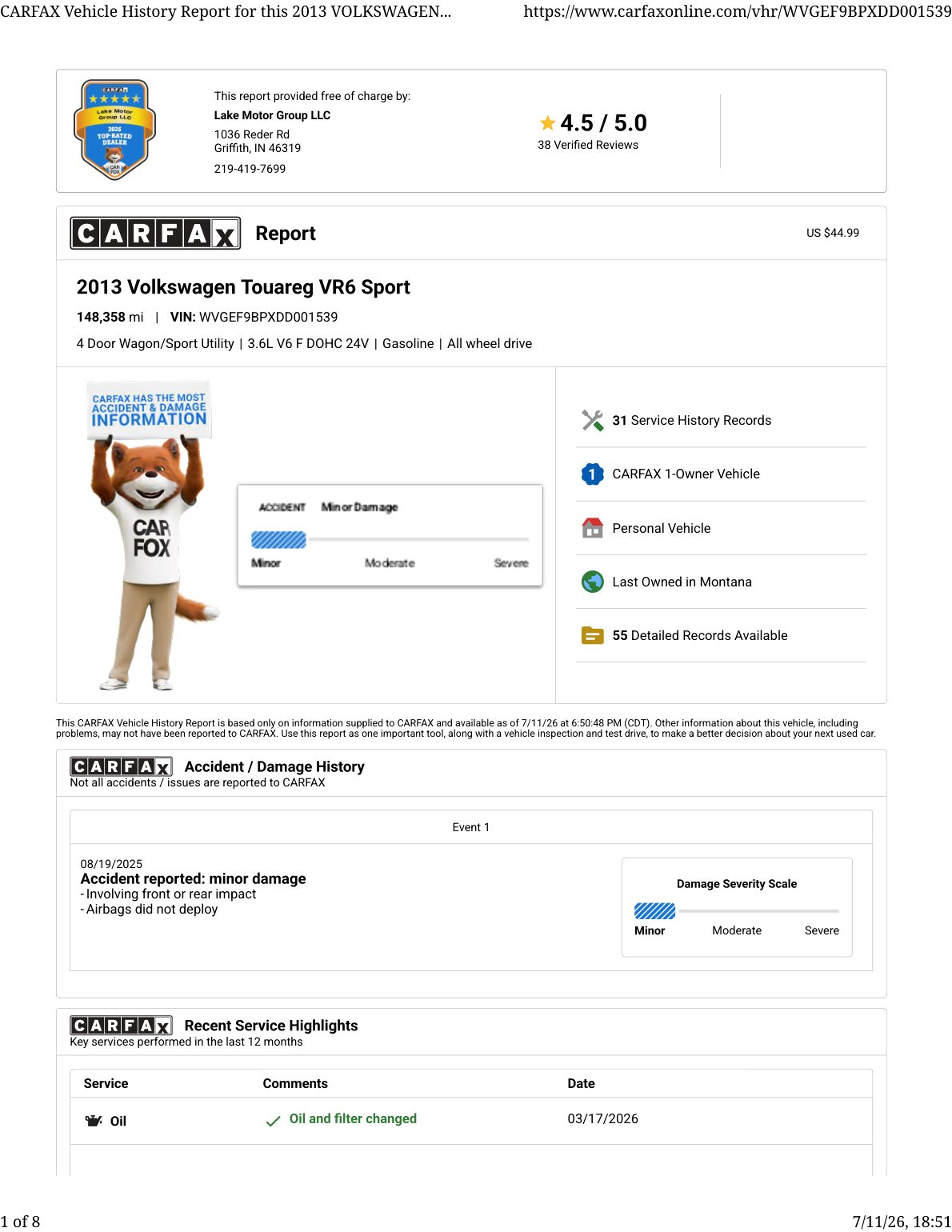 CARFAX vehicle history report — first page