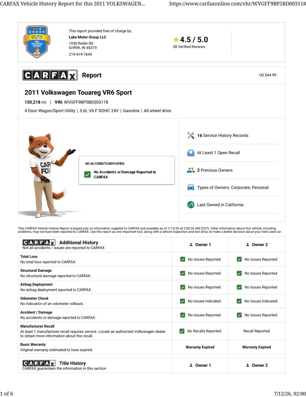 CARFAX vehicle history report — first page