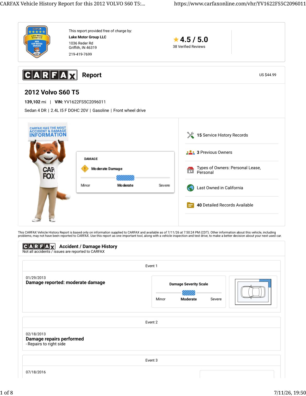 CARFAX vehicle history report — first page