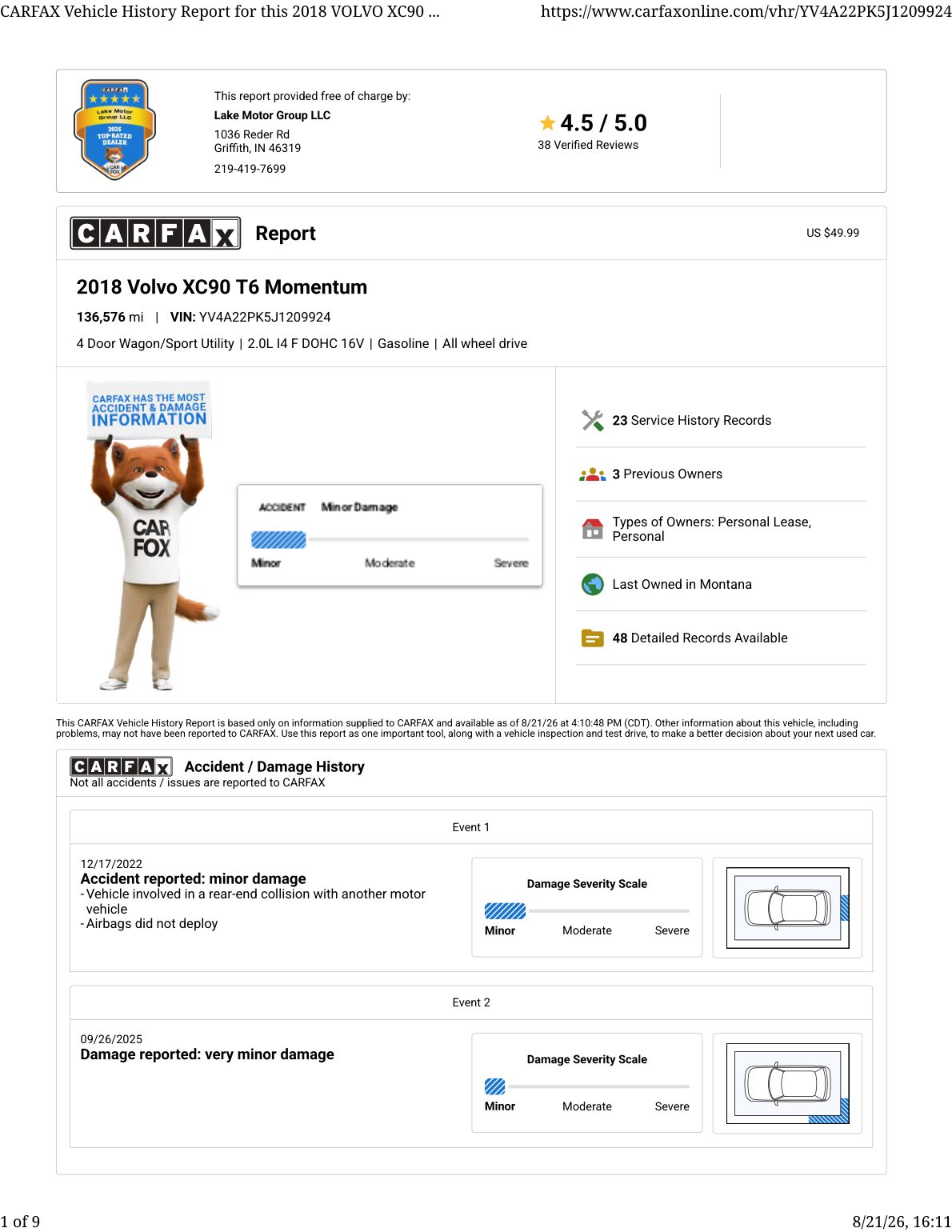 CARFAX vehicle history report — first page