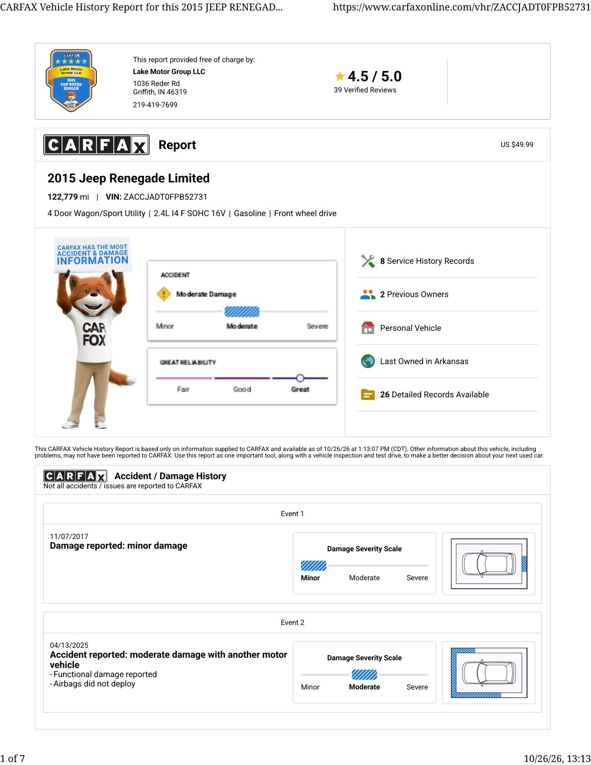 CARFAX vehicle history report — first page