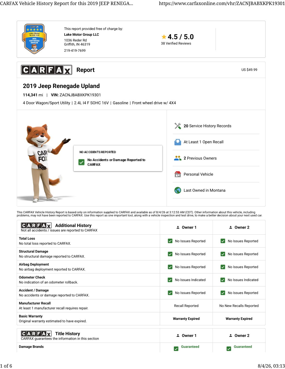 CARFAX vehicle history report — first page
