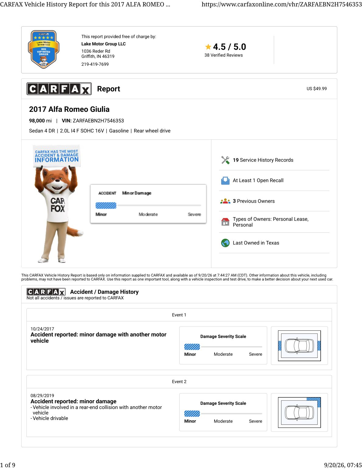 CARFAX vehicle history report — first page