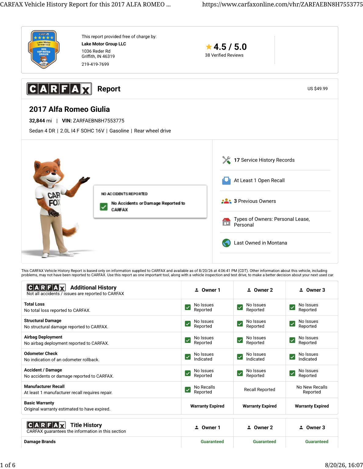 CARFAX vehicle history report — first page