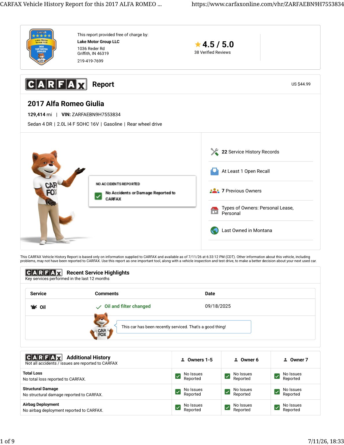 CARFAX vehicle history report — first page