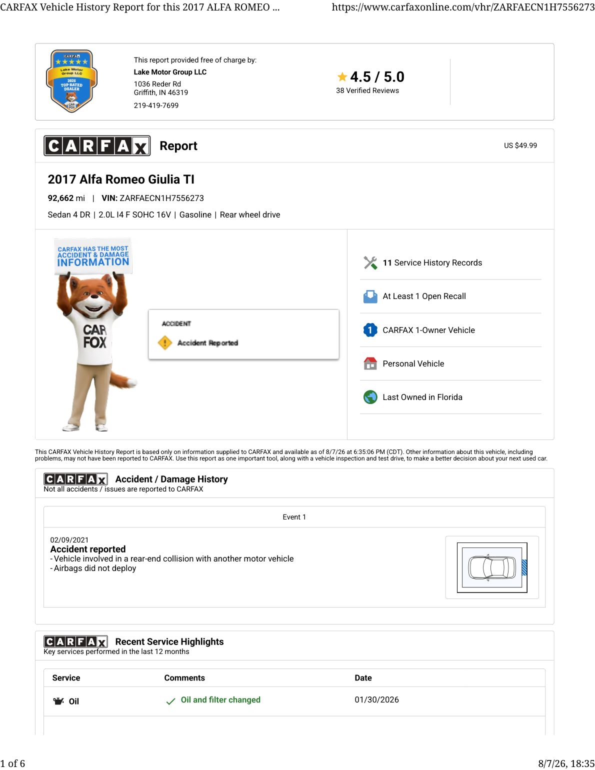 CARFAX vehicle history report — first page