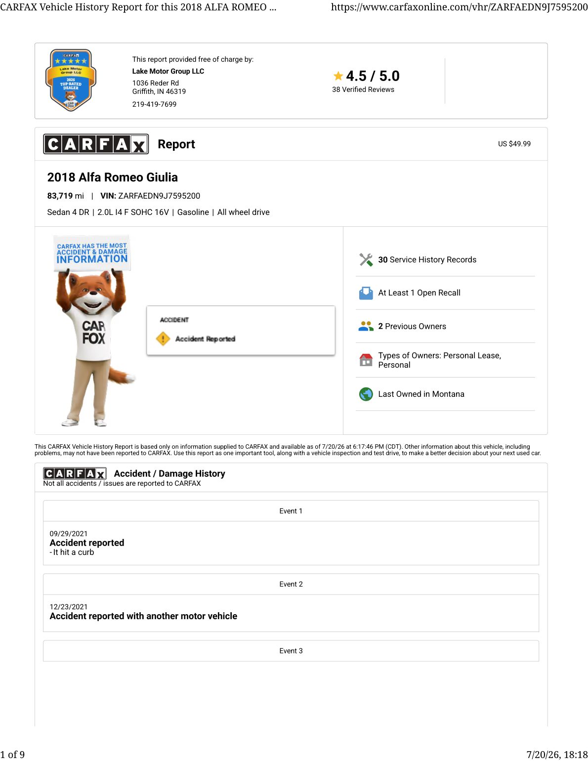 CARFAX vehicle history report — first page