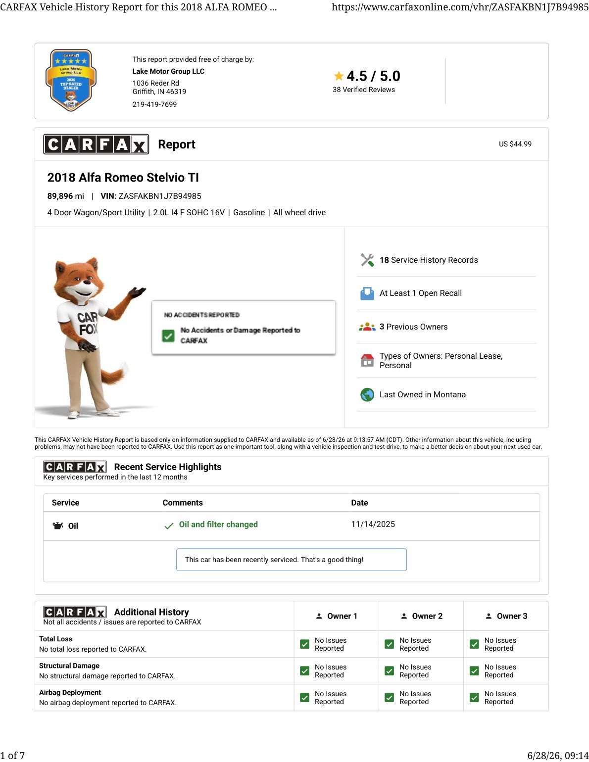 CARFAX vehicle history report — first page